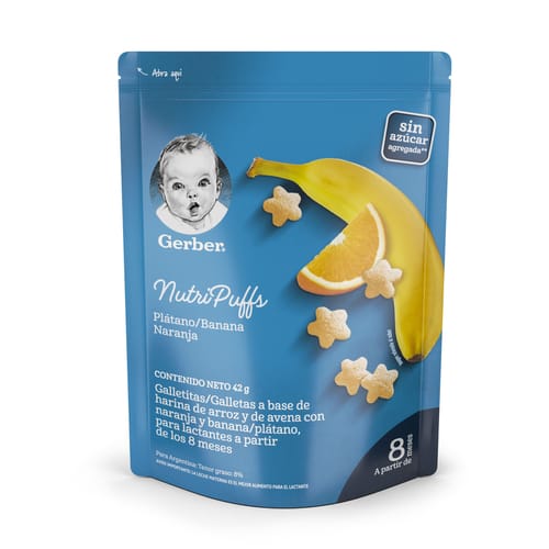 Puffs GERBER® para bebés a partir de los 8 meses sabor naranja y cambur 12x42g Puffs GERBER® para bebés a partir de los 8 meses sabor naranja y cambur 12x42g