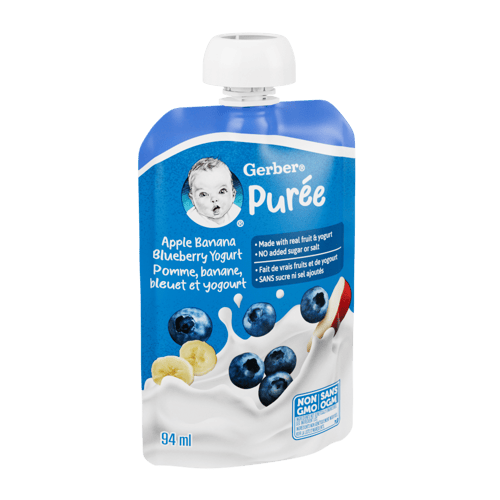 GERBER® Yogurt Pouch. Postre a base de Manzana, cambur y arándano con Yogurt