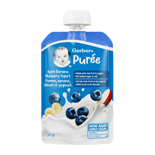 GERBER® Yogurt Pouch. Postre a base de Manzana, cambur y arándano con Yogurt