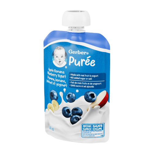 GERBER® Yogurt Pouch. Postre a base de Manzana, cambur y arándano con Yogurt