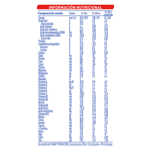 PRENAN® fórmula adaptada para lactantes de pretérmino y/o de bajo peso al nacer, con hierro, DHA y ARA