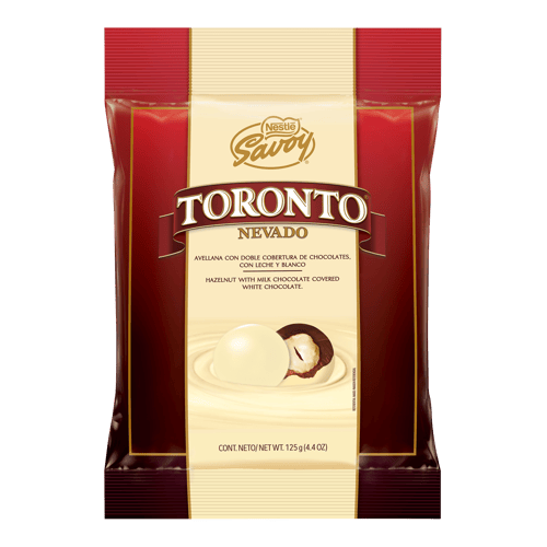 TORONTO® NEVADO Avellana con doble cobertura de chocolates con leche y blanco Bolsa 125g