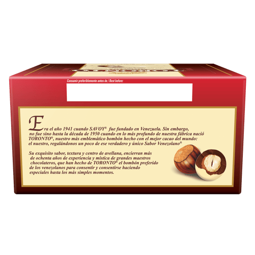 TORONTO® NEVADO Bombón con Centro de Avellana, Cuerpo de Chocolate con Leche y Cobertura de Chocolate Blanco 324 g
