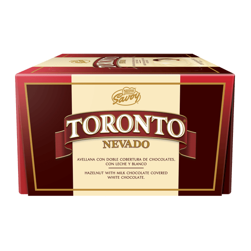 TORONTO® NEVADO Bombón con Centro de Avellana, Cuerpo de Chocolate con Leche y Cobertura de Chocolate Blanco 324 g