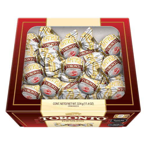TORONTO® NEVADO Bombón con Centro de Avellana, Cuerpo de Chocolate con Leche y Cobertura de Chocolate Blanco 324 g