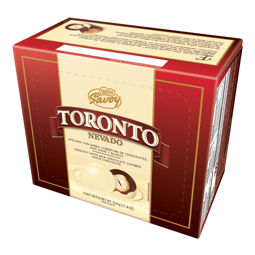 TORONTO® NEVADO Bombón con Centro de Avellana, Cuerpo de Chocolate con Leche y Cobertura de Chocolate Blanco 324 g