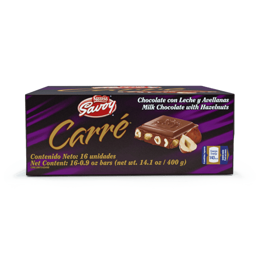 SAVOY® CARRÉ Avellanas Mini Chocolate con Leche y Avellanas Display 16 Unidades de 25 g