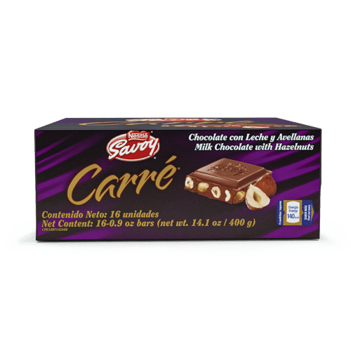 SAVOY® CARRÉ Avellanas Mini Chocolate con Leche y Avellanas Display 16 Unidades de 25 g