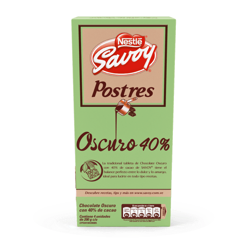 SAVOY® Chocolate de Postres 40% Cacao Display 4 Unidades de 200 g