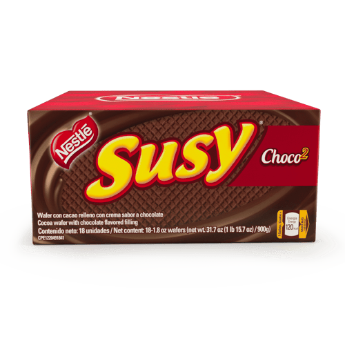 SUSY® Choco2 Wafer con Cacao Relleno con Crema Sabor a Chocolate Display 18 Unidades de 50 g SUSY® Choco2 Wafer con Cacao Relleno con Crema Sabor a Chocolate Display 18 Unidades de 50 g