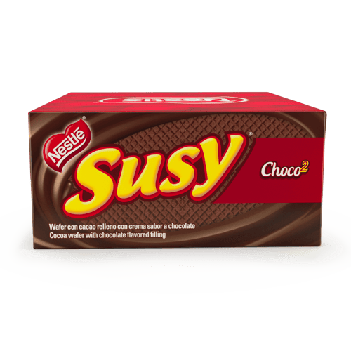 SUSY® Choco2 Wafer con Cacao Relleno con Crema Sabor a Chocolate Display 18 Unidades de 50 g SUSY® Choco2 Wafer con Cacao Relleno con Crema Sabor a Chocolate Display 18 Unidades de 50 g