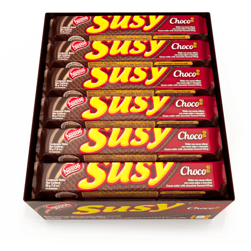 SUSY® Choco2 Wafer con Cacao Relleno con Crema Sabor a Chocolate Display 18 Unidades de 50 g