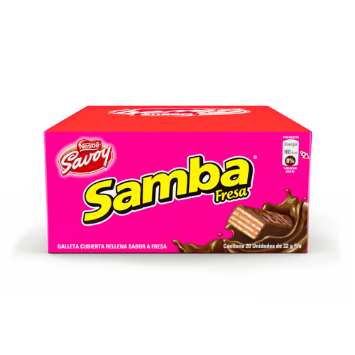 SAMBA® Wafer con Relleno Sabor a Fresa Cubierto de Chocolate Display 20 Unidades de 32 g