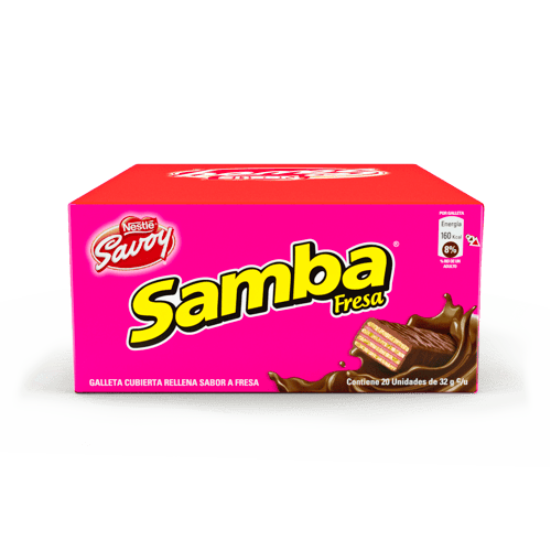 SAMBA® Wafer con Relleno Sabor a Fresa Cubierto de Chocolate Display 20 Unidades de 32 g