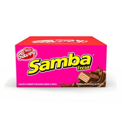 SAMBA® Wafer con Relleno Sabor a Fresa Cubierto de Chocolate Display 20 Unidades de 32 g