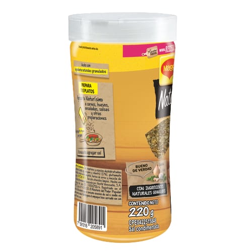 MAGGI®️ NATURISIMO Sazonador con Sal Gruesa, Ajo y Cebolla en Trocitos Botella 220 g