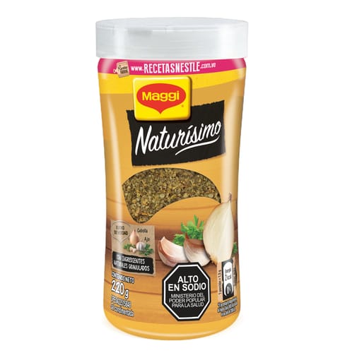 MAGGI®️ NATURISIMO Sazonador con Sal Gruesa, Ajo y Cebolla en Trocitos Botella 220 g